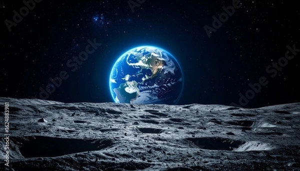 Fototapeta Earthrise view. Luna surface in foreground, stunning planet Earth with visible clouds distant