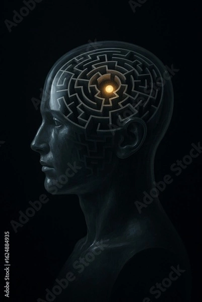 Fototapeta Profile of a dark human head with an illuminated maze inside, symbolizing complex problem-solving