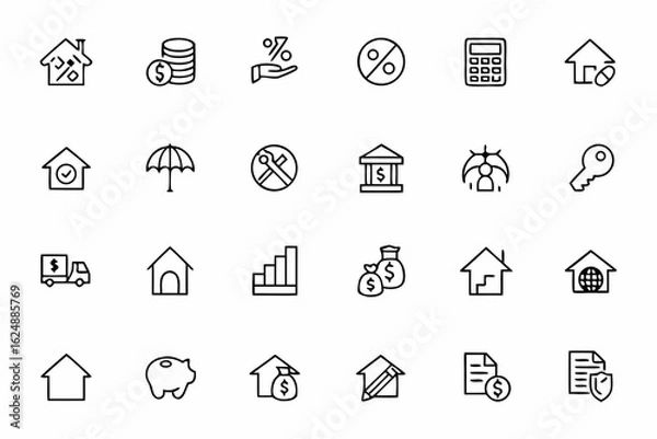 Fototapeta A detailed icon bundle focused on the financial and transactional aspects of real estate. Suitable for mortgage brokers, loan applications, and investment presentations