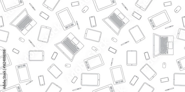 Fototapeta Seamless monochrome line-art pattern of electronic devices including laptops, tablets, smartphones, styluses, and computer mice, ideal for tech backgrounds, wallpapers, and digital design.