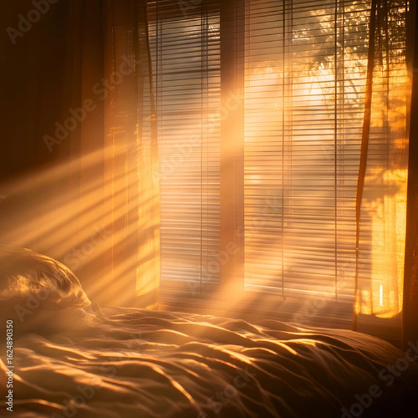 Fototapeta Sunlight streams through the window into the bedroom.