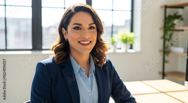 Obraz Portrait of a smiling woman in a blue blazer and light blue shirt in an office setting near a window