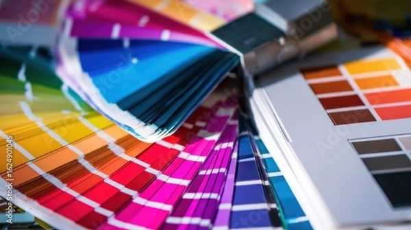 Obraz Modern creative workspace with vibrant color samples and artistic tools on a clean desk