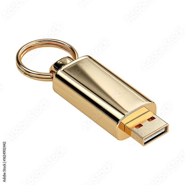 Fototapeta Gold USB drive with keychain stylish design portable storage luxury tech accessory