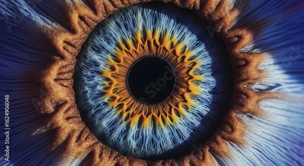 Obraz Ultra-detailed macro close-up of human iris showcasing complex radial fiber patterns, vibrant color spectrum, and realistic light refractions with cinematic ray tracing and 32k photorealistic renderin