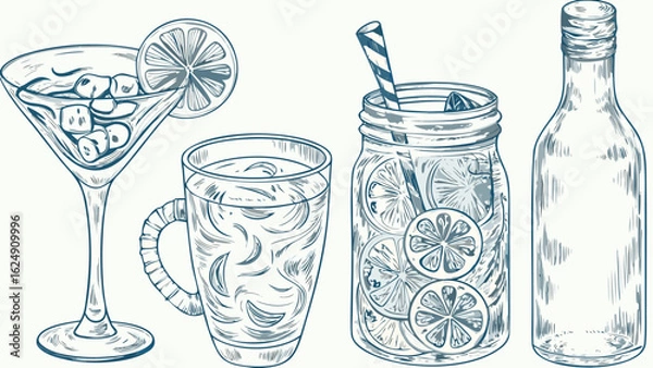 Fototapeta Illustration of a martini glass with ice and lemon next to a mug and jar with a bottle behind it
