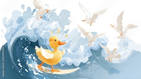 Fototapeta Duck Surfs on Ocean Wave, Seagulls Fly. Whimsical illustration for children's books, web design, marketing. Joyful, fun cartoon style.