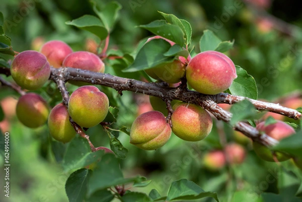 Fototapeta apricots on a branch. fruits of the apricot tree on a branch with leaves in an orchard.