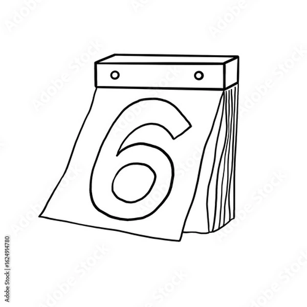 Obraz Illustration of a vintage paper calendar of date sixth in black outline