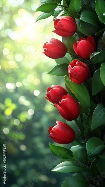 Obraz Stunning Red Tulips in a Lush Garden: A Vibrant Springtime Bloom