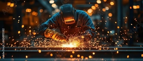 Obraz Sparks Fly: A Welder's Intense Focus in a Busy Industrial Setting