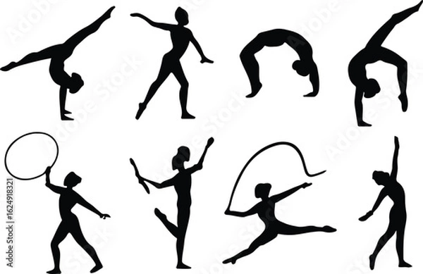 Obraz Rhythmic Gymnastics Silhouette Vector Set – Acrobatics, Flexibility, Ribbon, Hoop, Clubs, and Ball Routines – Female Gymnasts Performing Balances, Splits, Handstands, and Leaps – Ideal for Sports Logo