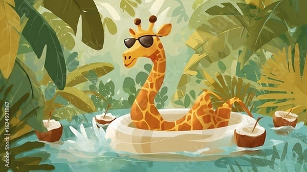 Fototapeta Giraffe relaxes on pool float in tropical jungle setting. Artwork. Perfect for marketing, web use, and design projects.