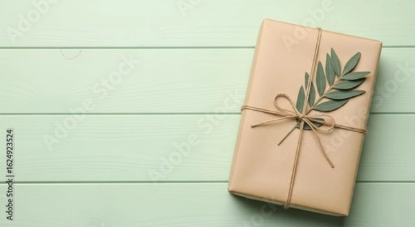 Fototapeta Elegant present wrapped in earthy tones adorned with botanical sprig on pastel surface creating