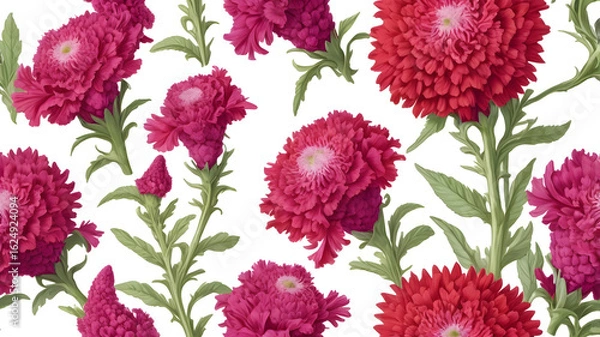 Fototapeta Seamless pattern of vivid pink and red layered flowers with green leaves on white background