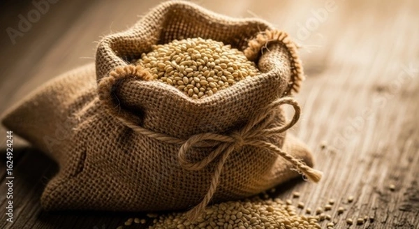 Fototapeta Rustic burlap sack filled with wholesome grains displayed on weathered wooden surface emphasizing