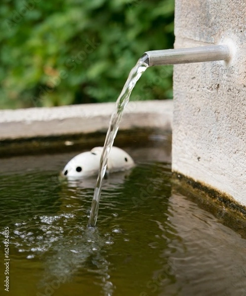 Fototapeta Clear water flowing from metal pipe, fresh and clean stream
