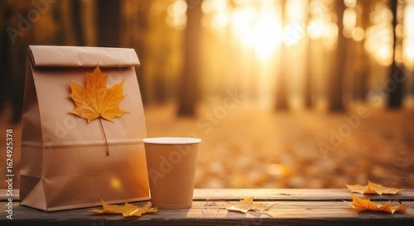 Fototapeta Autumnal refreshment a paper bag and coffee cup on wooden surface with maple leaf decoration