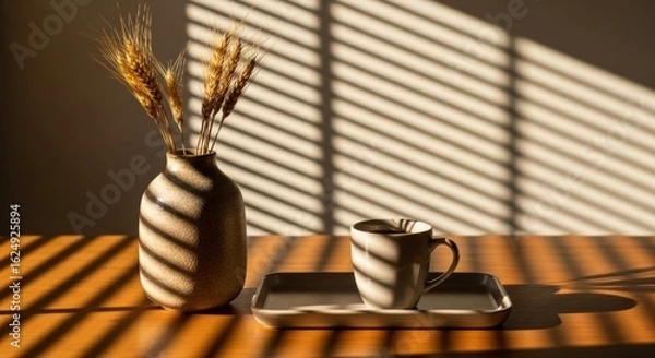 Fototapeta Golden hour symphony: a tranquil still life with wheat, coffee, and dancing shadows creating an