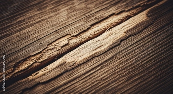 Fototapeta Detailed close up of an aged, weathered wood plank surface with prominent fracture lines and