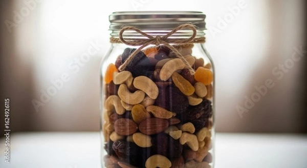 Fototapeta An assorted medley of nuts and dried fruits nestled in a quaint glass jar displaying a rustic