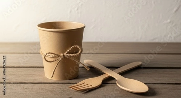 Fototapeta Eco-Friendly Tableware: Rustic Wooden Utensils and Biodegradable Paper Cup Arrangement