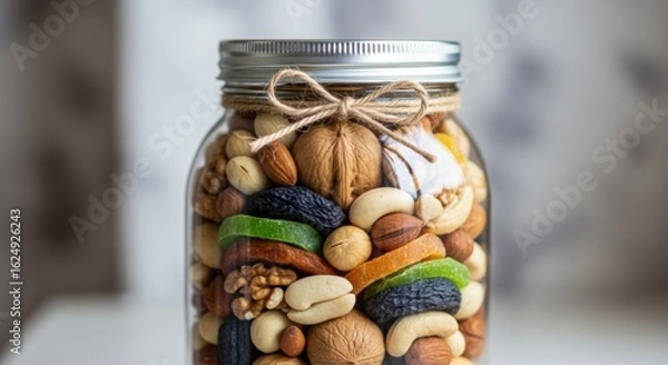 Fototapeta Artisanal mason jar containing a diverse array of assorted nuts and dried fruits