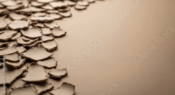 Fototapeta Terracotta shards scattered gracefully alongside a smooth, neutral-toned backdrop creating