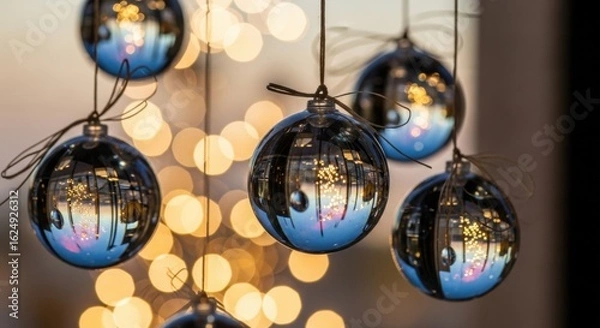 Fototapeta Sparkling iridescent ornaments hanging with diffused light, creating a festive atmosphere with