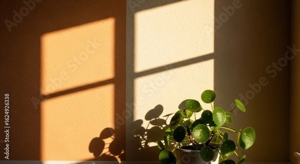 Fototapeta Contrasting geometric shadows play on textured walls surrounding an indoor leafy plant