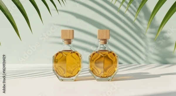 Fototapeta Sunlit decanters of amber liquid with a tropical leaf motif conveying a sense of calm and luxury