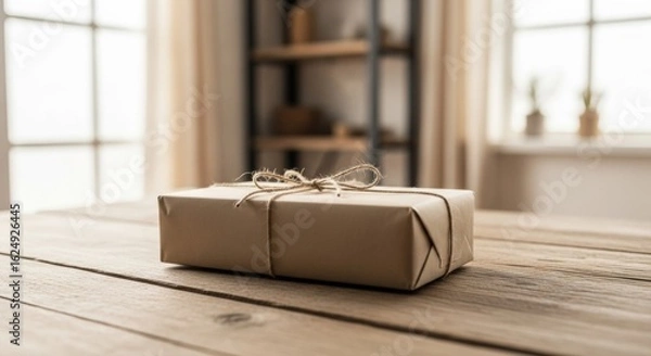 Fototapeta Elegantly wrapped gift box on a wooden table casting a soft glow in the neutral background