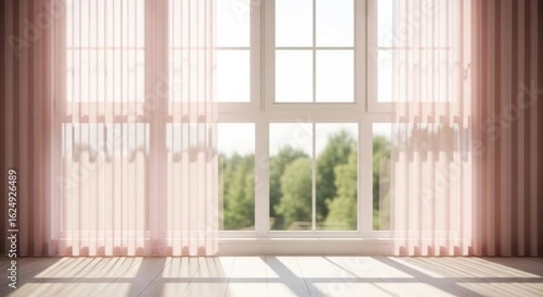 Fototapeta Gentle morning sunlight filters through sheer peach curtains in a tranquil room setting