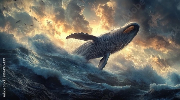 Obraz Whale breaching the ocean waves at sunset, dramatic sky