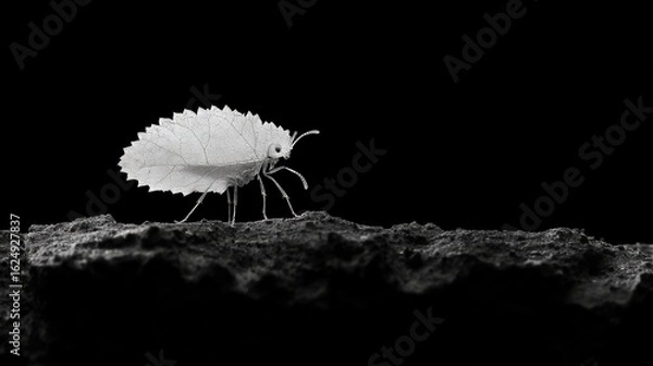 Obraz White insect resembling a leaf walking on dark surface