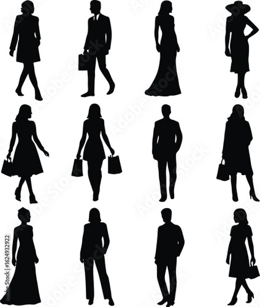 Obraz Fashion Silhouettes Vector Set – Stylish Men and Women in Formal and Casual Outfits – Black Fashion Figure Silhouettes for Shopping, Modeling, Business, Elegant Dresses, and Suit Designs – Perfect for