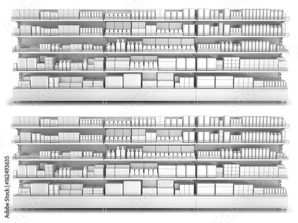 Fototapeta Shelves with blank goods in the store, rear wall with perforation and without. Set of 3d images isolated on white.