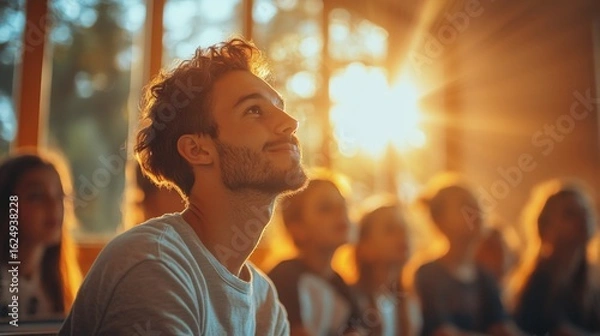 Obraz Young man gazing thoughtfully during a sunset gathering