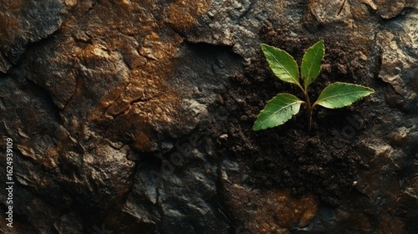 Obraz Young plant sprouting from rich soil on rocky surface