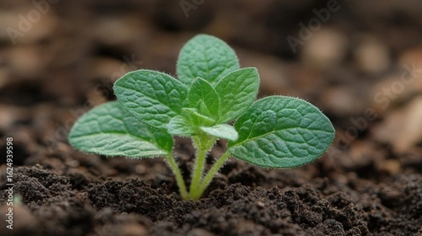 Obraz Young plant sprouting in rich soil under sunlight