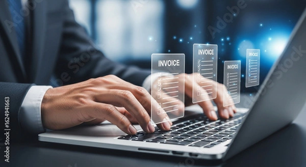 Fototapeta A businessman is typing on a laptop keyboard in an office