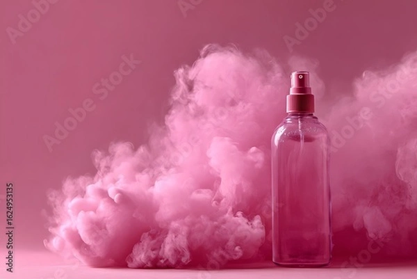 Fototapeta Pink smoke emerges from the spray bottle, against a pink background with a simple design. The hairstyle is also pink.
