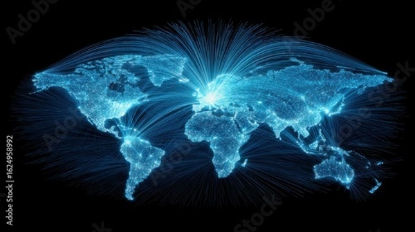 Fototapeta Banking Sector Concept of Economic Risk. A digital representation of a world map with illuminated lines connecting various locations, symbolizing global connectivity and network interactions.