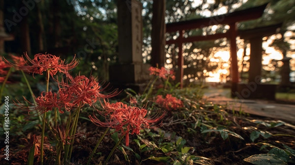 Fototapeta Red spider lilies and torii gate glowing in the sunset light　彼岸花と夕日