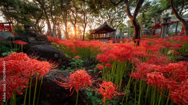 Fototapeta Japanese shrine with red spider lilies and torii gates at sunset　夕暮れの彼岸花