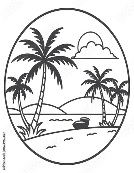 Fototapeta Beach colouring Page outline, line art drawing, isolated on white background, illustration of palm trees on a sunny beach with the ocean