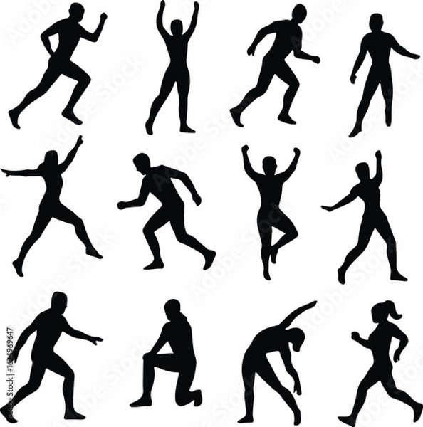 Obraz Active People Silhouettes Vector Set – Running, Jumping, Stretching, Dancing, Dynamic Movement Poses – Black Fitness and Workout Silhouette Figures – Gym, Cardio, Exercise, Sport, Athlete Poses – Acti