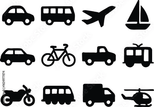 Obraz Transport and Movement Silhouettes Vector – Vehicles and Human Action Icons – Car, Bus, Bicycle, Motorcycle, Truck, Plane, Helicopter, Boat, Running People, Sports Pose – Editable Black Silhouette Set