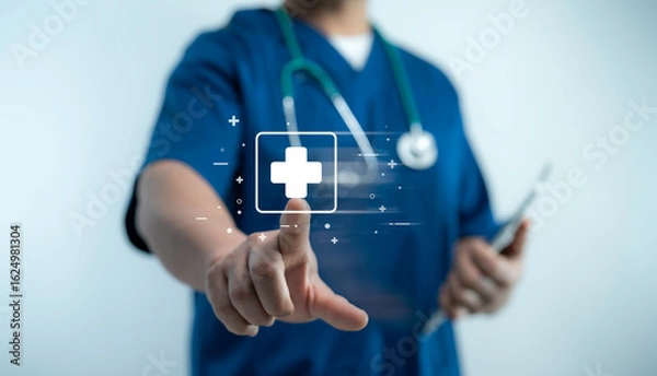 Fototapeta Doctor pressing digital medical cross icon for online healthcare technology smart hospital system data access futuristic UI innovation concept