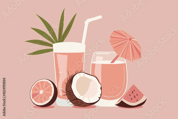 Fototapeta Vector illustration of tropical summer drinks with coconut, grapefruit, and watermelon on a pastel background. Pink juice in glasses with a straw and umbrella, fresh and exotic holiday vibes.